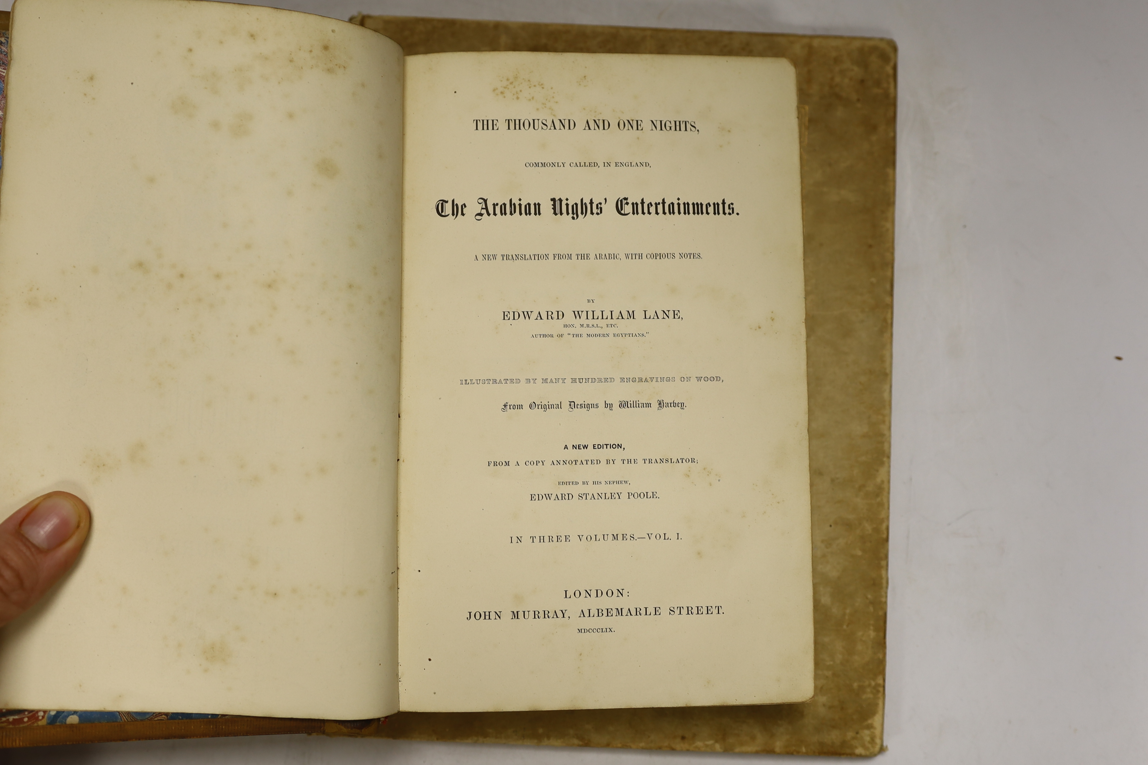 Lane, Edward William - The Thousand and One Nights ... new edition, 3 vols., by Edward Stanley Poole. engraved pictorial and printed titles and many engraved illus. throughout; contemp. tree calf, later rebacked with gil